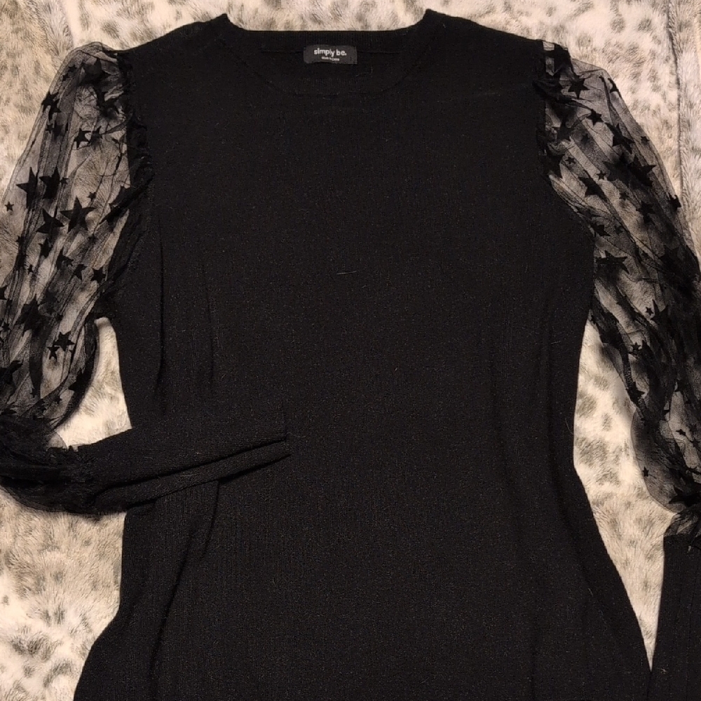 Simply Be Black Top with Sheer Star Sleeves